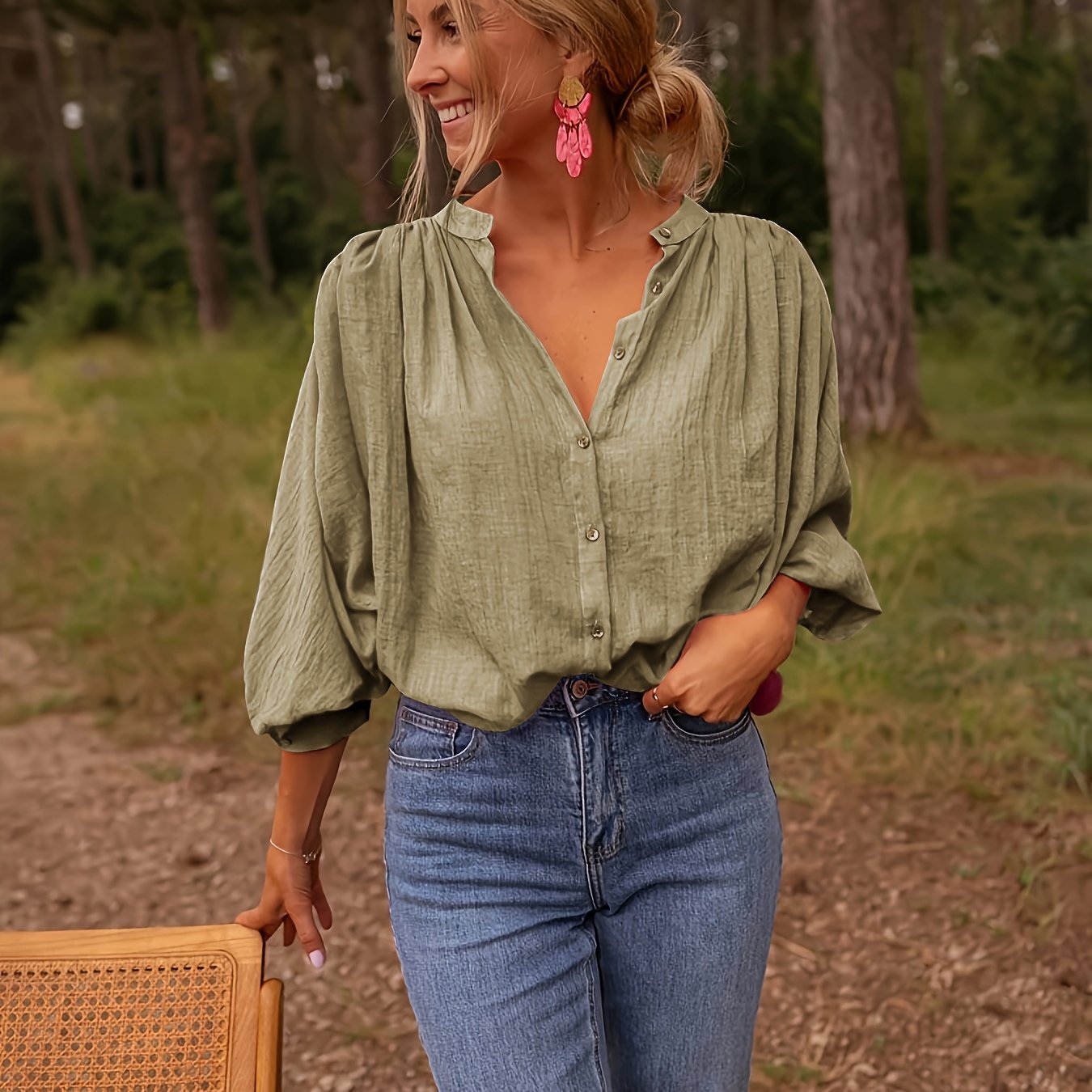 Capucine - Haut Large en Lin à Manches Longues avec Boutons