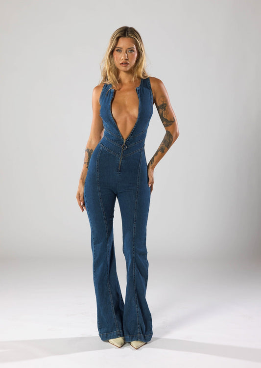 Avery - Combinaison en denim à décolleté plongeant