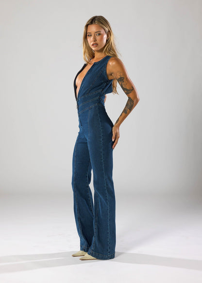 Avery - Combinaison en denim à décolleté plongeant