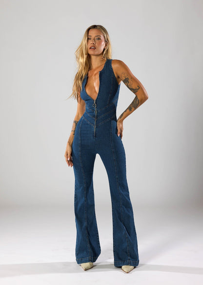 Avery - Combinaison en denim à décolleté plongeant