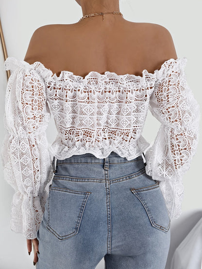 Isaline - Top Romantique Blanche à Manches Longues Off-Shoulder avec Volants en Dentelle