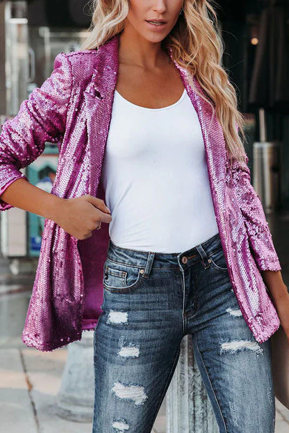 Mena – Blazer à sequins pour femme, manches longues avec revers