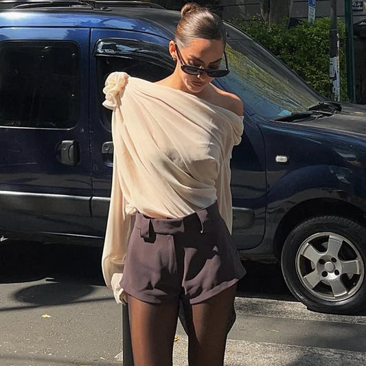 Ondine - Top Asymétrique en Chiffon à Manches Longues Pour le Printemps, avec une Épaule Dénudée, Pour Femmes