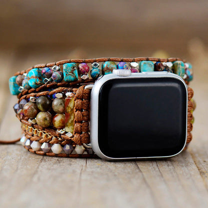 Bracelet de Montre Apple en Cuir Durable avec Perles Bohèmes en Jaspe et Onyx