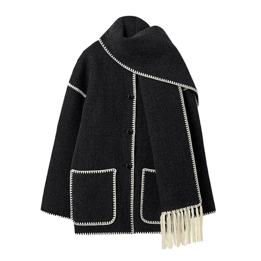 Emily – Manteau à franges en mélange de laine avec surpiqûres contrastantes