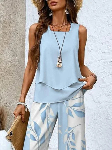 Everly - Ensemble Estival Élégant et Léger en Deux Pièces avec Top à Col Carré et Pantalon Ample Comfy à Imprimé Feuilles