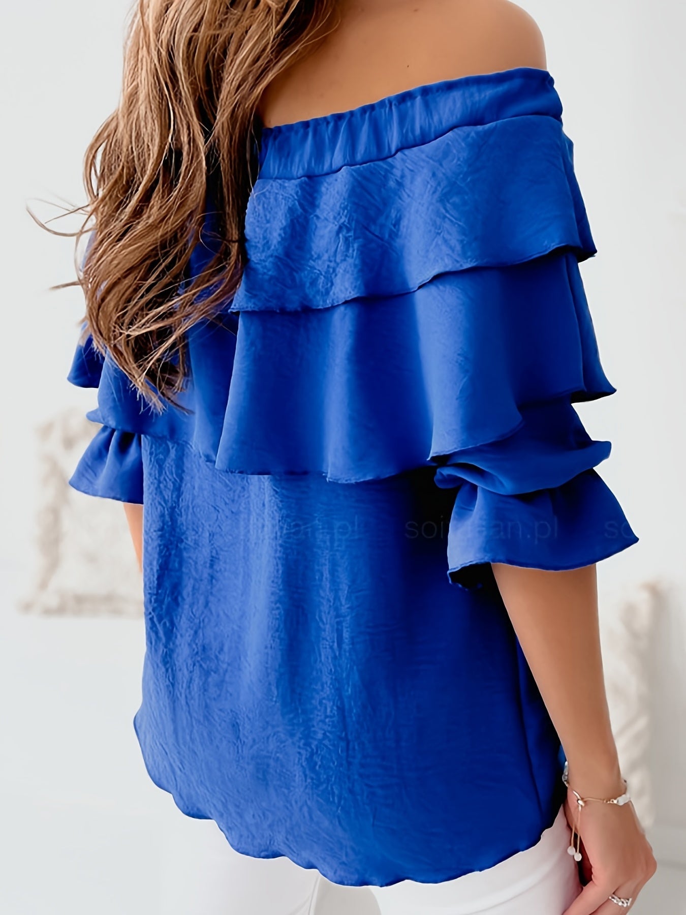 Solène - Top en Chiffon à Épaules Nues avec Manches Mi-Longues