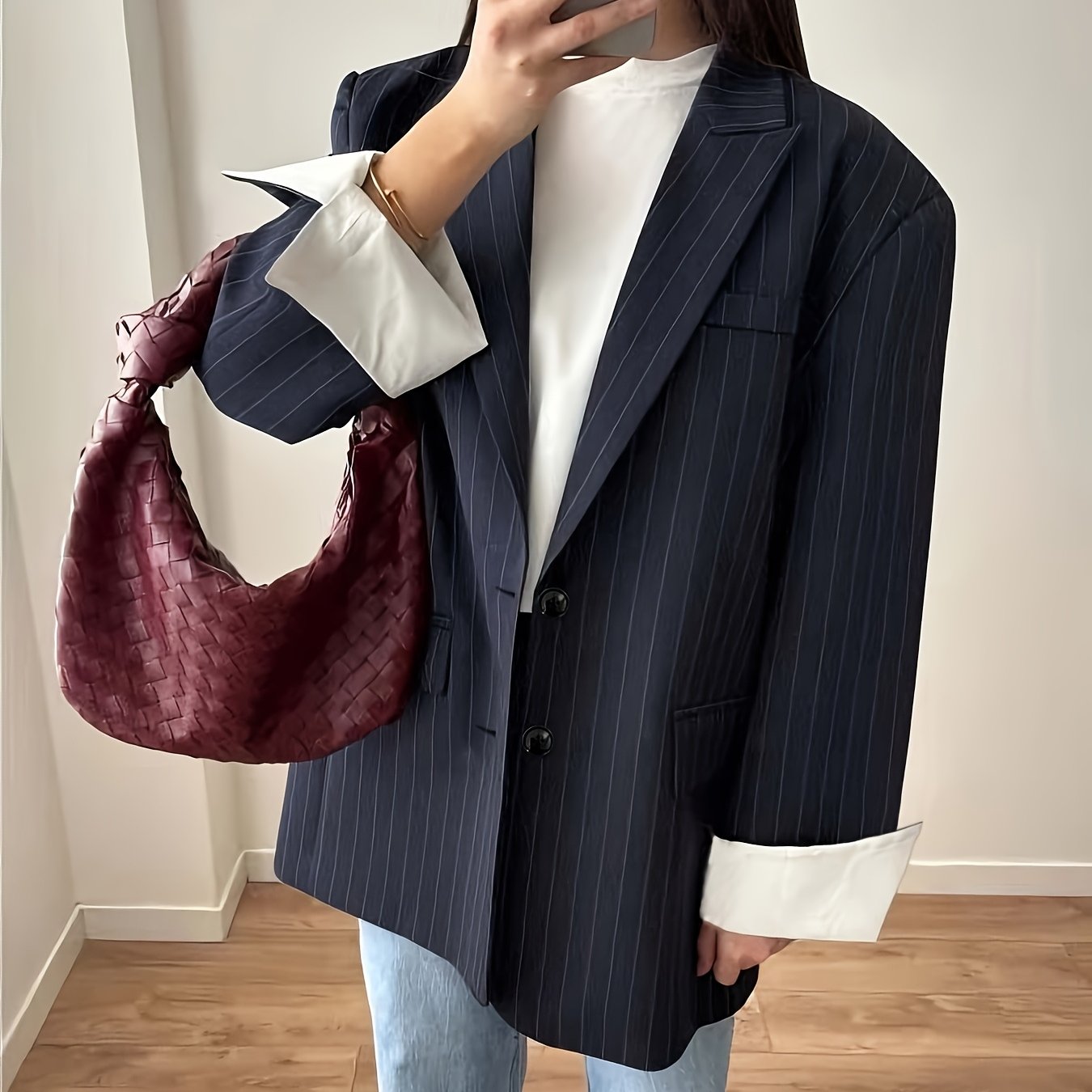 Alixane - Blazer Oversize Rayé Bleu Foncé pour Femme avec Boutons – Veste de Printemps