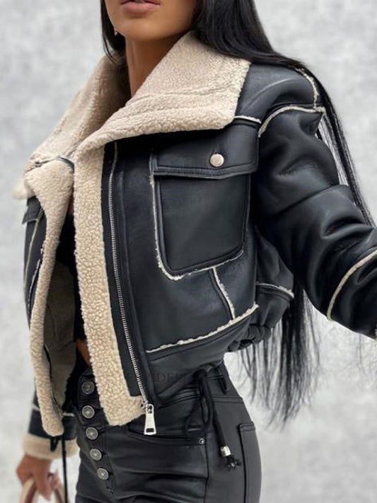 Aubrée - Veste Printanière Élégante et Féminine en Simili Cuir avec Doublure en Peluche, Poches Zippées et Col