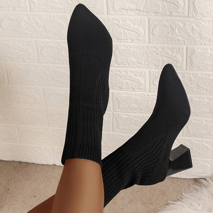 Noémi - Bottines Tricotées Élastiques avec Embout Pointu et Talon Carré