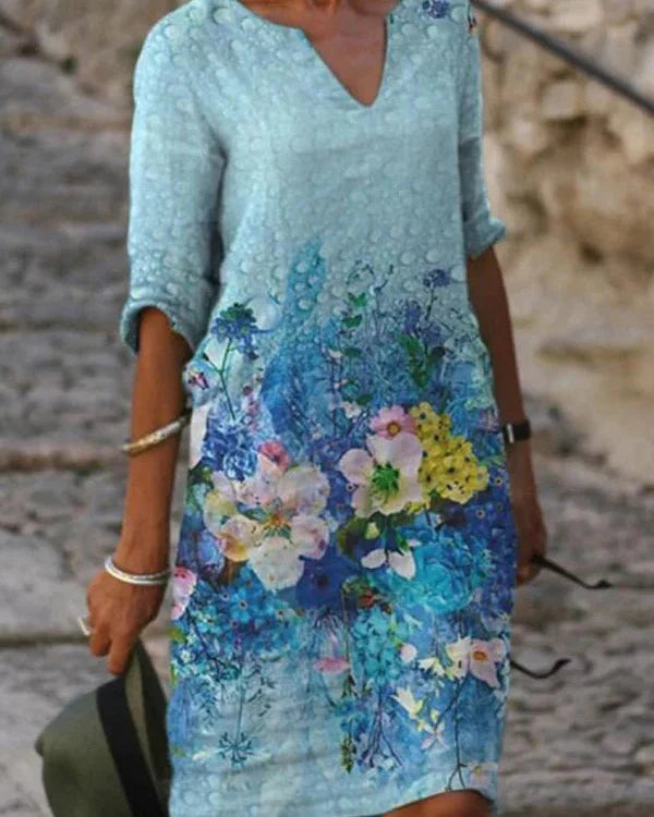 Mia - Robe à Manches Trois-Quarts et Décolleté en V pour le Printemps Jusqu'aux Genoux avec Imprimés Estivaux