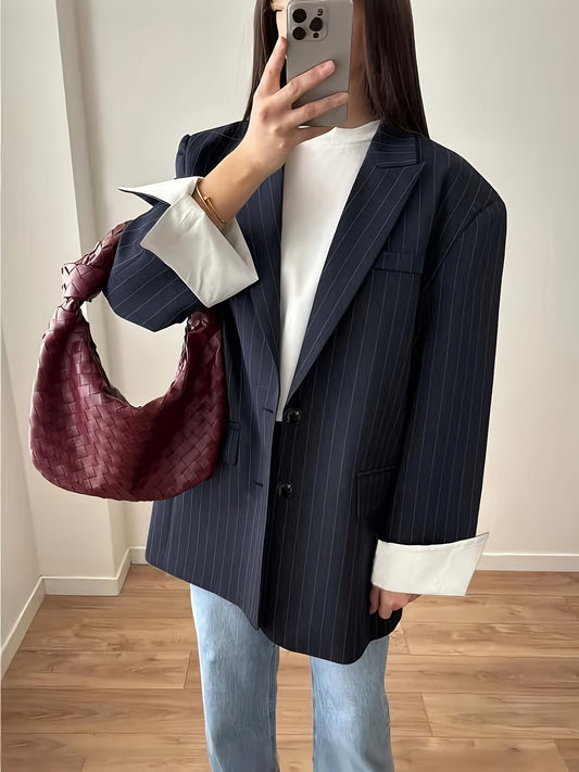 Alixane - Blazer Oversize Rayé Bleu Foncé pour Femme avec Boutons – Veste de Printemps