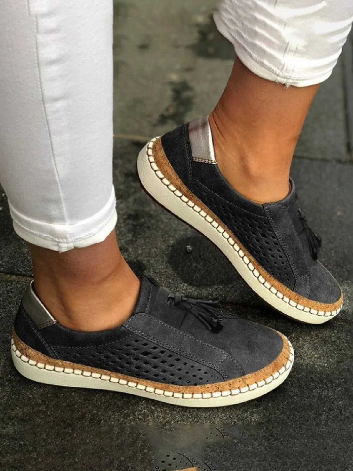 Mia - Baskets Orthopédiques avec Support Supplémentaire pour les Promenades d'Été en Cuir Végan Respirant et Suède avec Franges