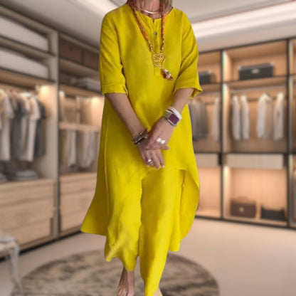 Ambrélya - Ensemble Deux Pièces Confortable pour Femme : Robe Chemise à Manches Mi-Longues et Pantalon Confortable Uni