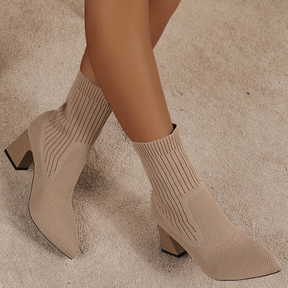 Noémi - Bottines Tricotées Élastiques avec Embout Pointu et Talon Carré