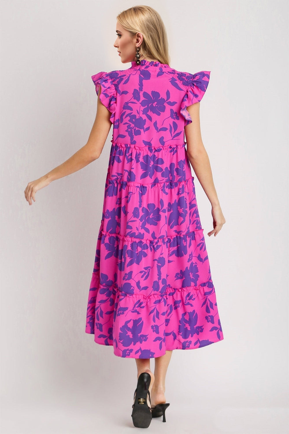 Marie - Robe Midi à Manches Chauve Souris et Volants avec Imprimé Floral Rose Fuchsia et Violet