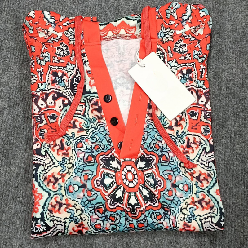 Jandy - Sweat-Shirt Henley Rouge à Manches Longues avec Imprimé Mandala