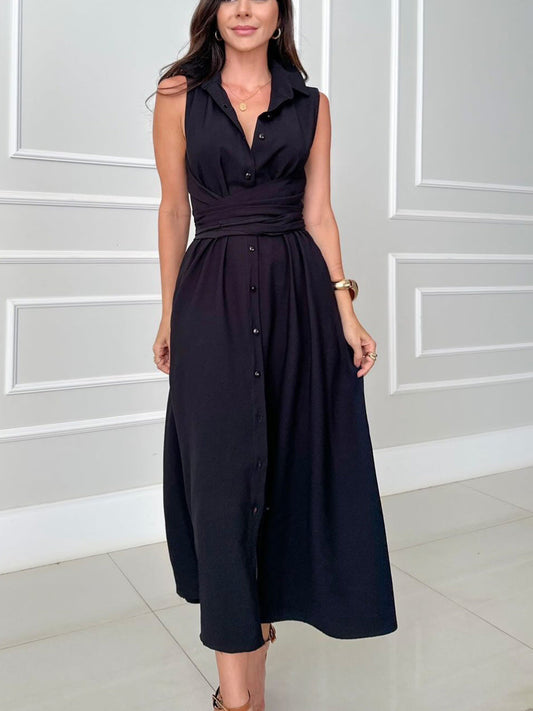 Indigo - Robe Midi Sans Manches Cintrée avec Col à Boutons en Couleur Unie