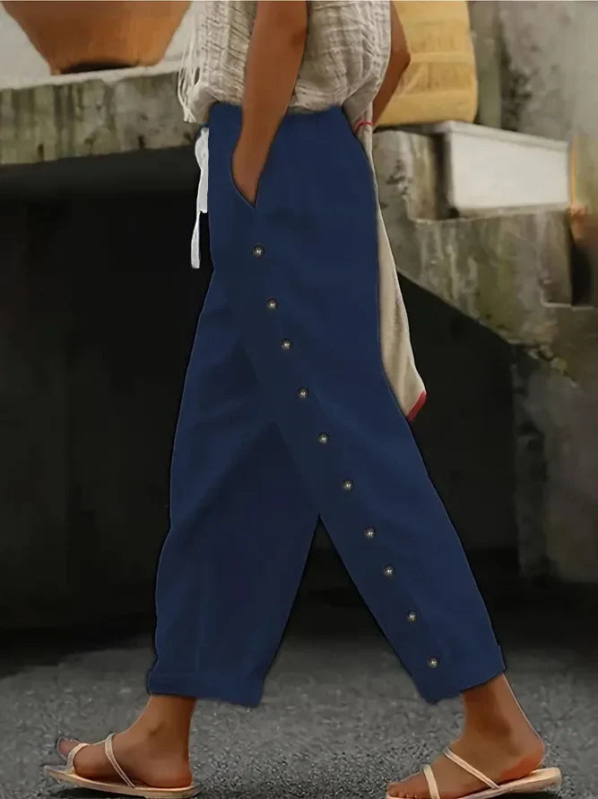 Maria - Pantalon d'Été Confortable en Lin Longueur Cheville avec Boutons sur les Côtés et Cordon de Serrage Ajustable