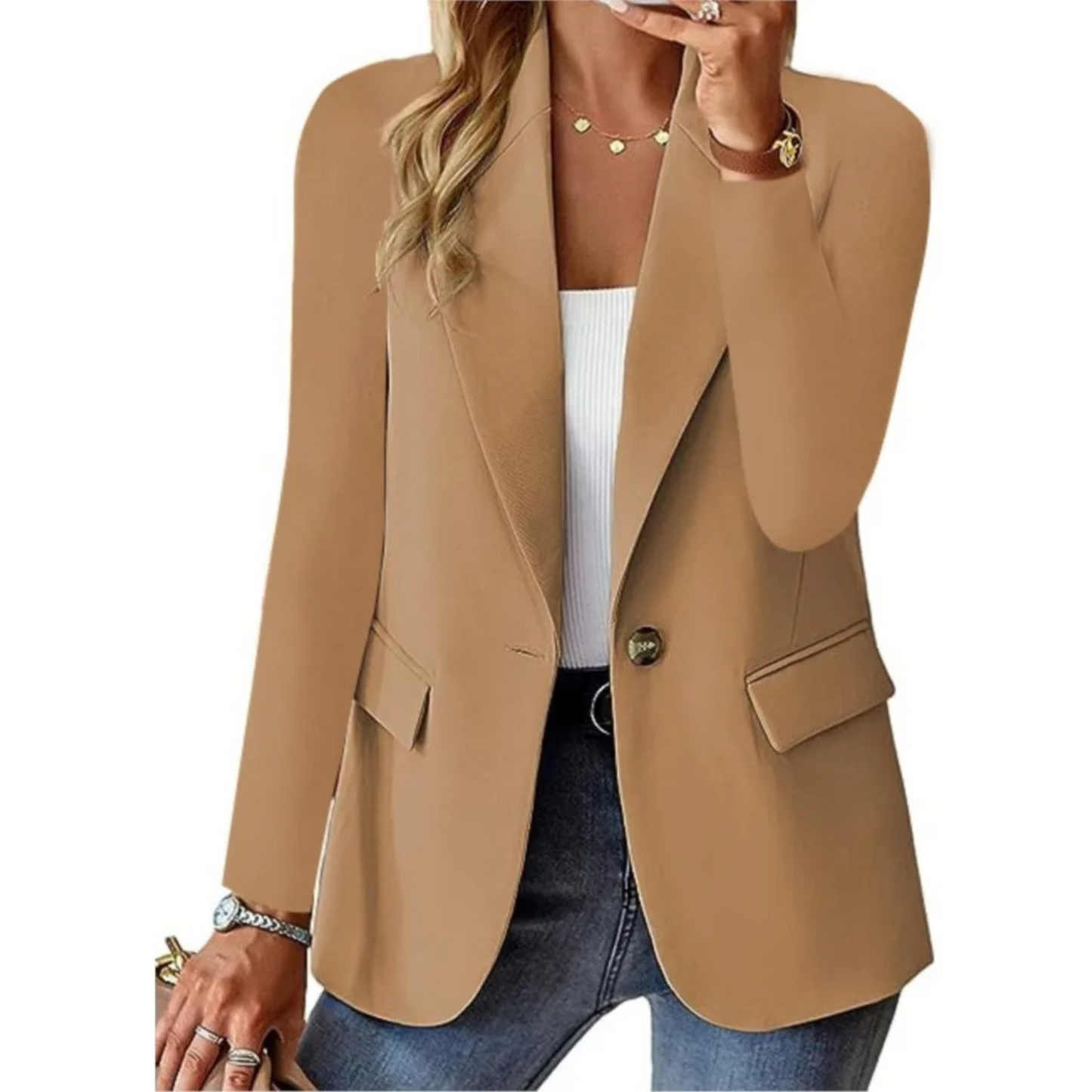 Livia - blazer féminin décontracté, solide, à manches longues, à poches étroites et à boucle