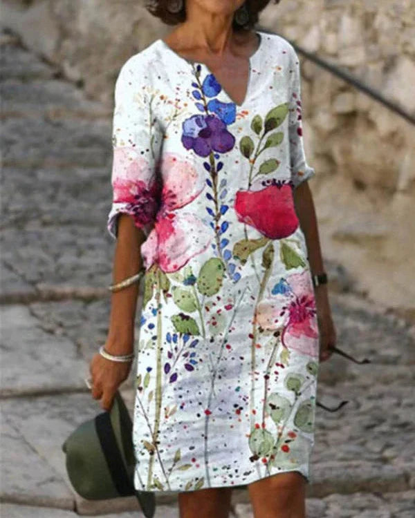 Mia - Robe à Manches Trois-Quarts et Décolleté en V pour le Printemps Jusqu'aux Genoux avec Imprimés Estivaux