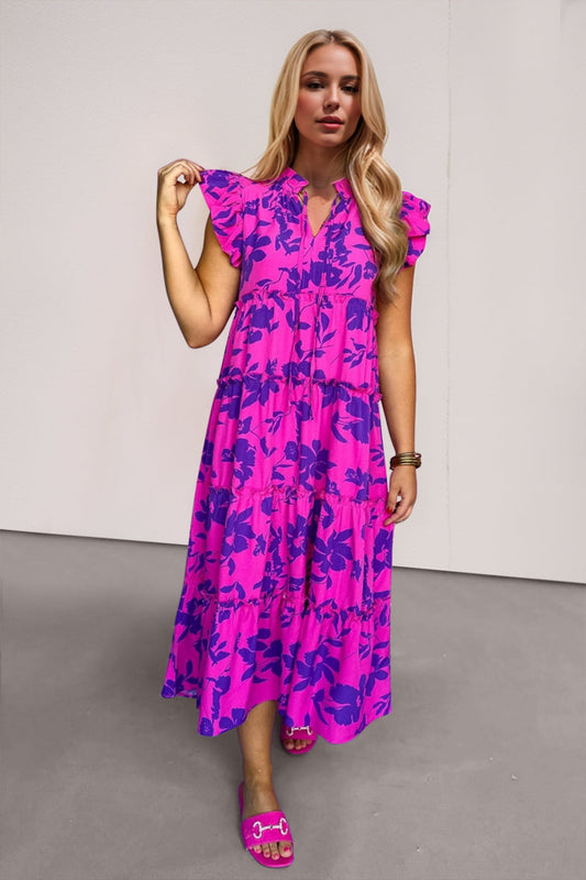 Marie - Robe Midi à Manches Chauve Souris et Volants avec Imprimé Floral Rose Fuchsia et Violet