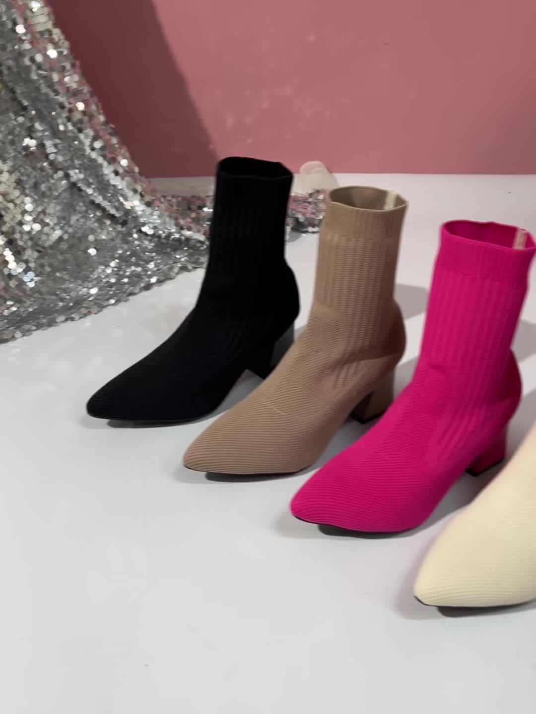 Noémi - Bottines Tricotées Élastiques avec Embout Pointu et Talon Carré