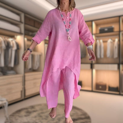 Ambrélya - Ensemble Deux Pièces Confortable pour Femme : Robe Chemise à Manches Mi-Longues et Pantalon Confortable Uni