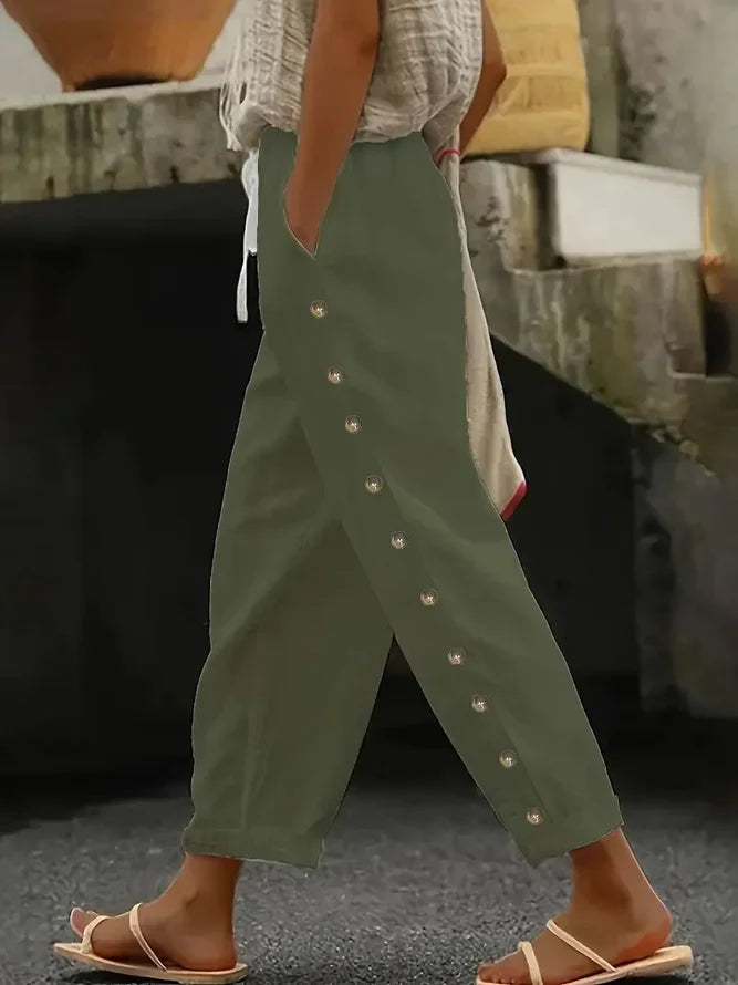 Maria - Pantalon d'Été Confortable en Lin Longueur Cheville avec Boutons sur les Côtés et Cordon de Serrage Ajustable