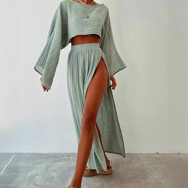 Alizenne - Ensemble d’été en lin Léger et Élégant pour les Vacances, Composé D’un Crop Top à Manches Longues et Larges et D’une Jupe Maxi à Double Fente Latérale