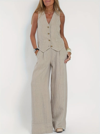 Bérénice - Ensemble deux pièces pour femme composé d'une veste et d'un pantalon large, 100 % lin, beige