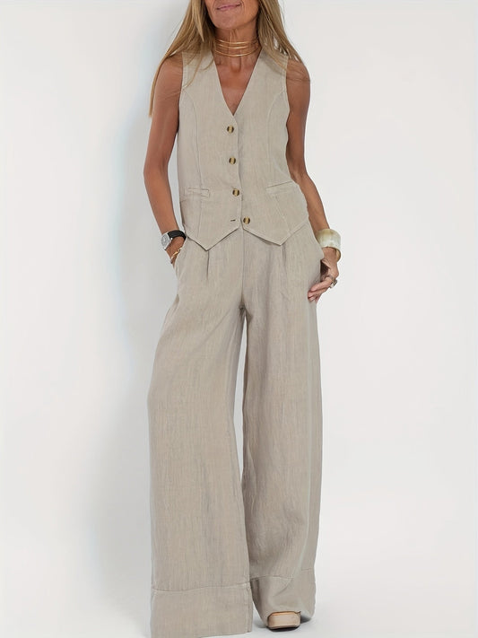 Bérénice - Ensemble deux pièces pour femme composé d'une veste et d'un pantalon large, 100 % lin, beige