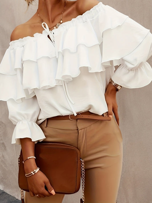Solène - Top en Chiffon à Épaules Nues avec Manches Mi-Longues