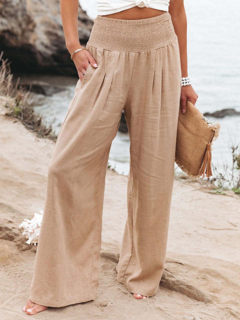 Seraphina - Pantalon d'Été en Lin Khaki avec Taille Élastique Large et Poches