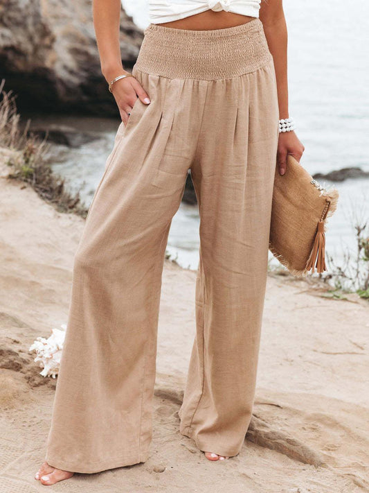 Seraphina - Pantalon d'Été en Lin Khaki avec Taille Élastique Large et Poches