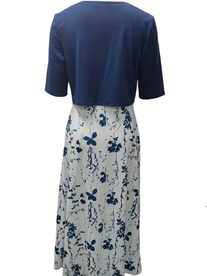 Camélia – Ensemble Deux Pièces Élégant  Gilet Uni et Robe à Fleurs avec Encolure Ronde