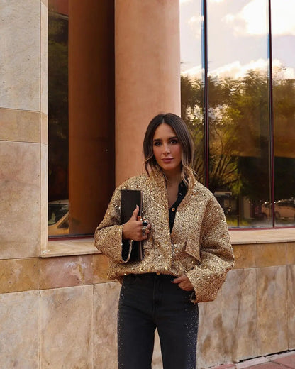 Valerie - Manteau Chic en Paillettes d'or Pour un Glamour Sans Faille
