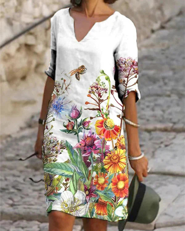 Mia - Robe à Manches Trois-Quarts et Décolleté en V pour le Printemps Jusqu'aux Genoux avec Imprimés Estivaux