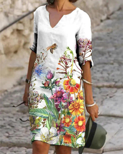 Mia - Robe à Manches Trois-Quarts et Décolleté en V pour le Printemps Jusqu'aux Genoux avec Imprimés Estivaux