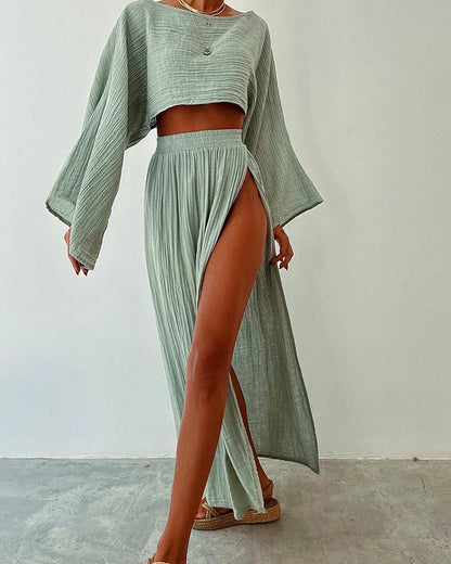 Alizenne - Ensemble d’été en lin Léger et Élégant pour les Vacances, Composé D’un Crop Top à Manches Longues et Larges et D’une Jupe Maxi à Double Fente Latérale