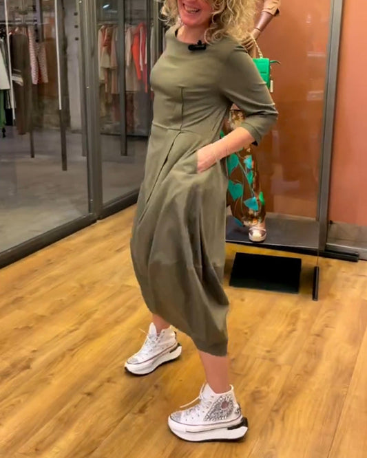 Sidonie - Robe Confortable et Amincissante avec Encolure Bateau, Jupe Évasée et Manches mi-Longues