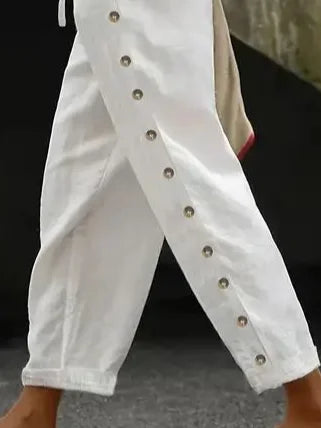Maria - Pantalon d'Été Confortable en Lin Longueur Cheville avec Boutons sur les Côtés et Cordon de Serrage Ajustable