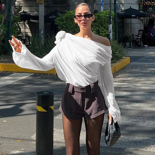 Ondine - Top Asymétrique en Chiffon à Manches Longues Pour le Printemps, avec une Épaule Dénudée, Pour Femmes