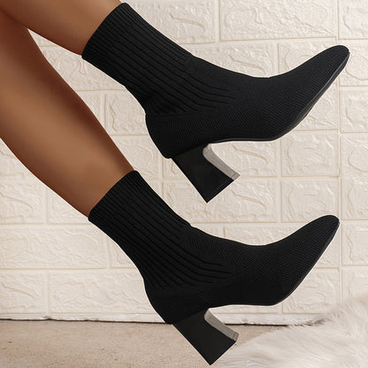 Noémi - Bottines Tricotées Élastiques avec Embout Pointu et Talon Carré