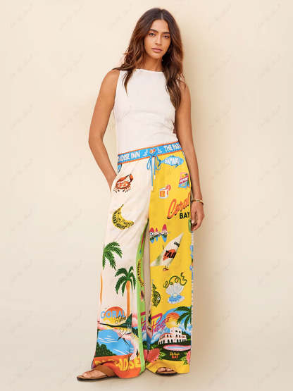 Elowen - Ensemble à Deux Pièces au Style Estival avec Pantalon Imprimé Plage ensoleillée et Chemise