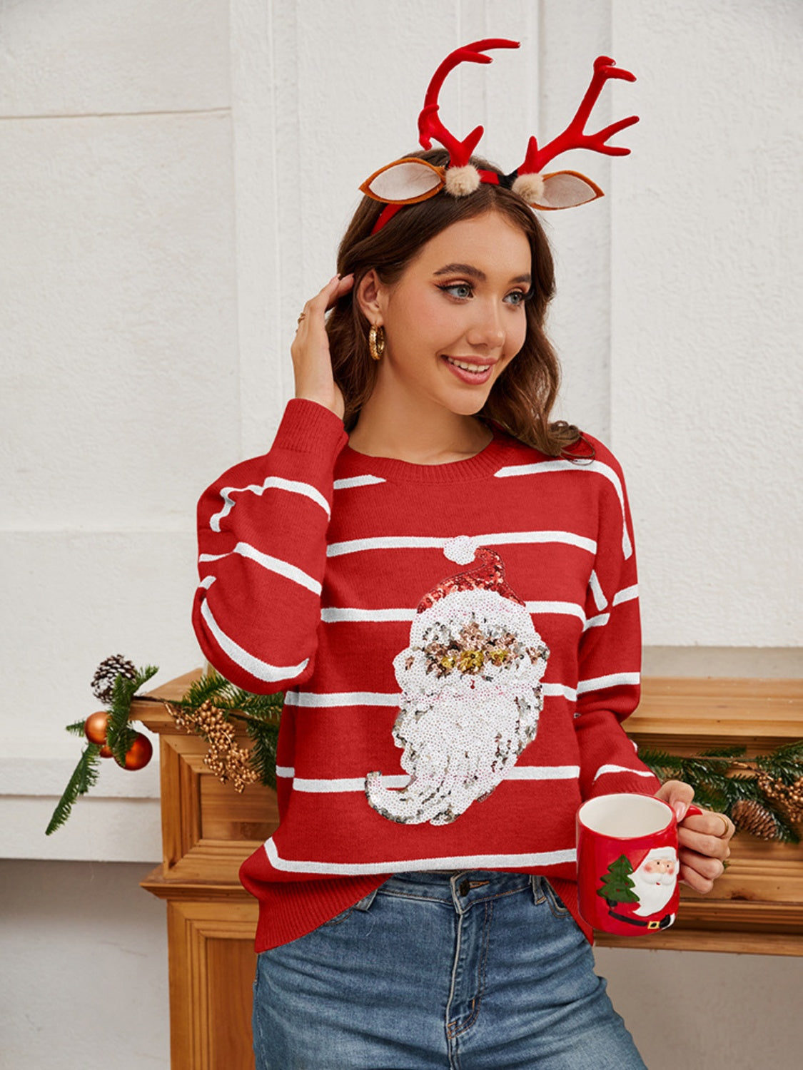 Sequin Santa Striped Round Neck Long Sleeve Sweater