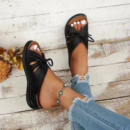Eden - Sandales à Enfiler Confortables en Cuir Végan avec Bout Ouvert Talon Bas et Noeud