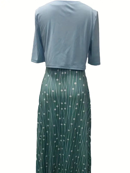 Camélia – Ensemble Deux Pièces Élégant  Gilet Uni et Robe à Fleurs avec Encolure Ronde