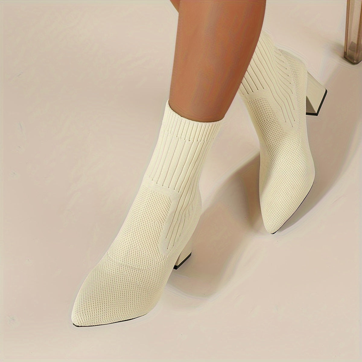 Noémi - Bottines Tricotées Élastiques avec Embout Pointu et Talon Carré