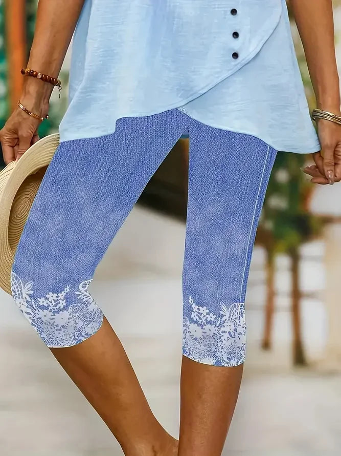 Louna - Legging Capris à Taille Élastique Arrivant Sous le Genou avec Détail de Fleurs en Bas